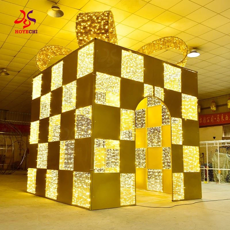 Outdoor Indoor Giant Gift Box 3D Motif Light With Arch Door For Festive Decoration